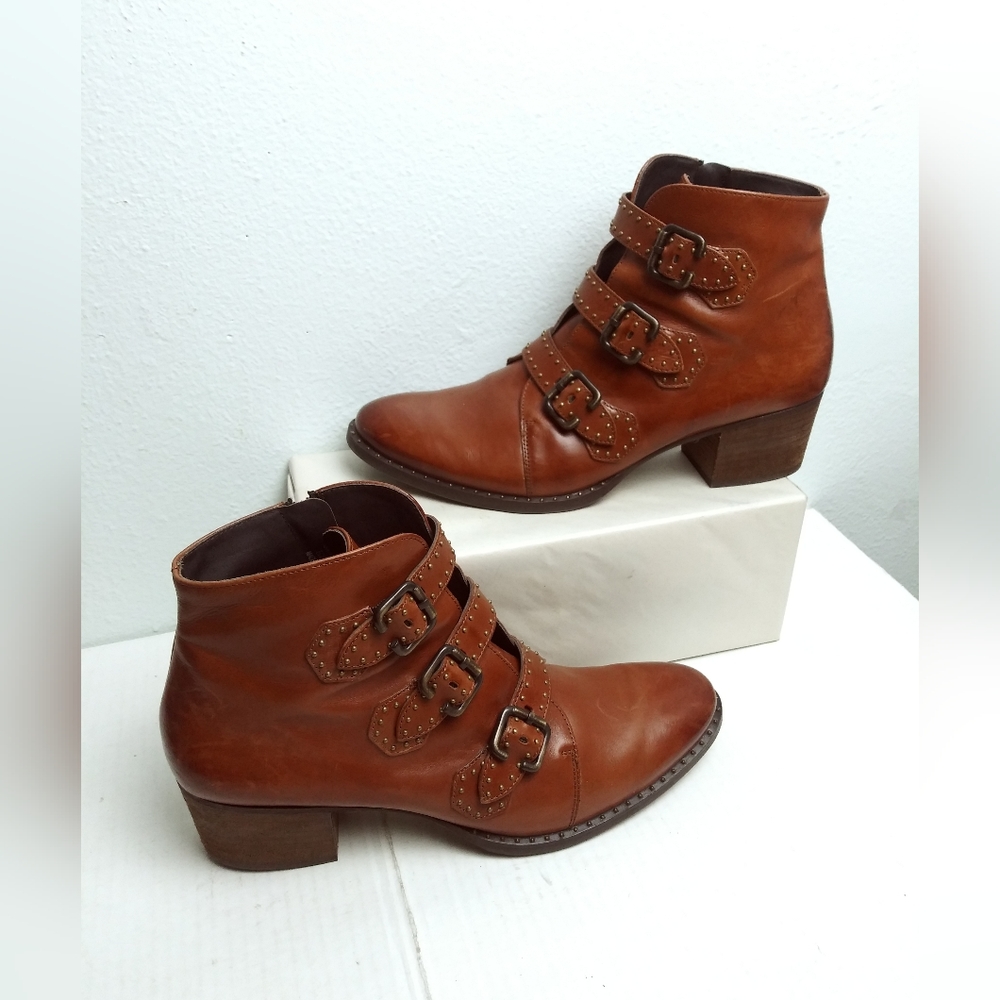 Paul Green 10M Brown Combat Moto Boots with Lace-Up Closure and Sturdy Sole